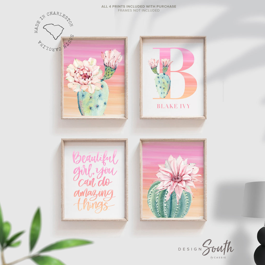Girl nursery decor, desert tropical theme nursery art, tropics pink theme baby girl decor, cactus floral nursery decor, pink tropical decor