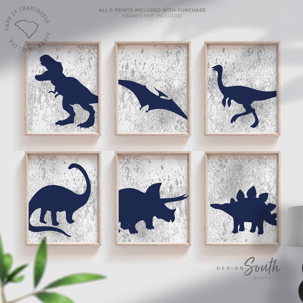 Navy blue dinosaurs, navy blue and gray boys room art, toddler boy bedroom navy blue dinosaurs, collection of 6 dinosaur art prints posters