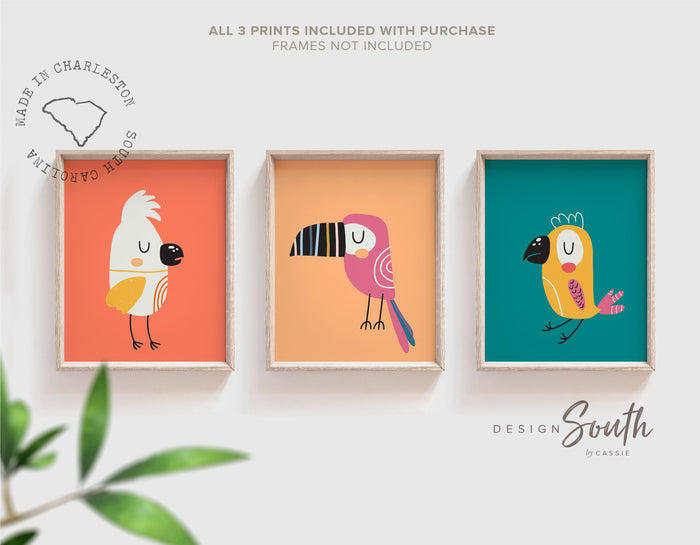 Exotic tropical birds print, colorful birds wall art, tropical vibes print set, bright tropical birds print set, modern girl's tropical art
