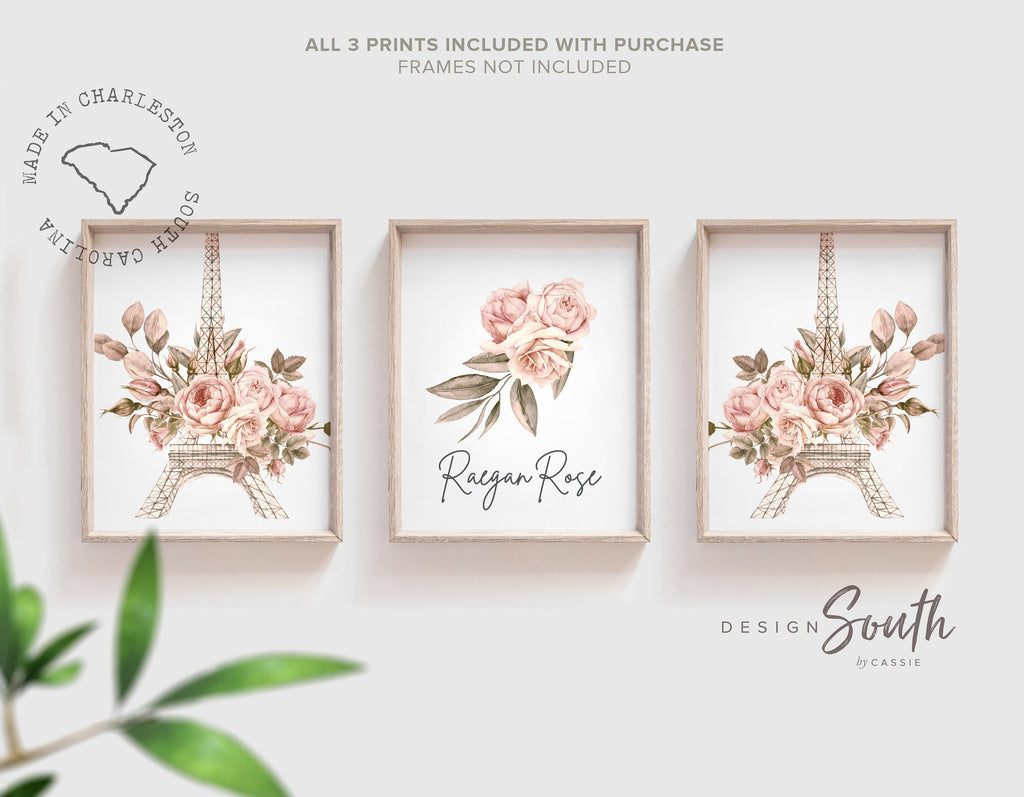 Paris girl room, elegant eiffel tower art, floral french rose flower prints, baby girl nursery paris themed, baby shower paris themed gift