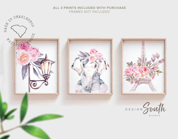 Paris eiffel tower girl decor, elegant paris baby room art, floral paris prints, baby girl nursery paris themed, baby shower paris baby gift