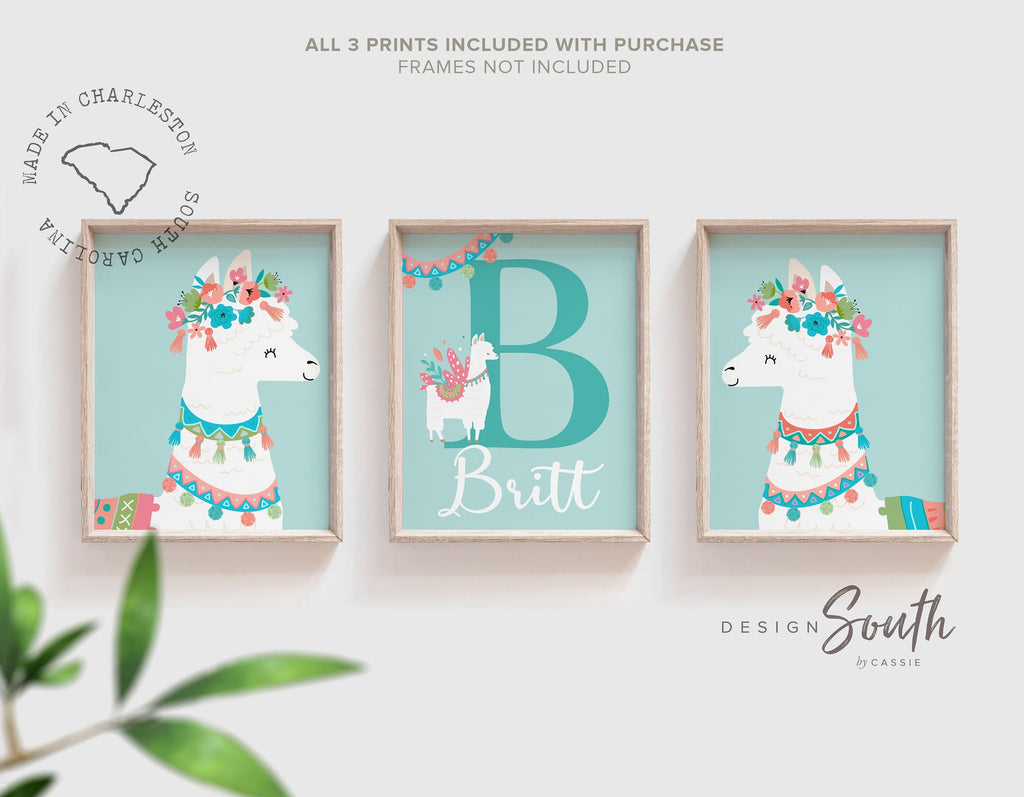 Boho nursery prints, cactus llama nursery decor, wall art prints for girls room, personalized name coral aqua gift, llama alpaca decorations