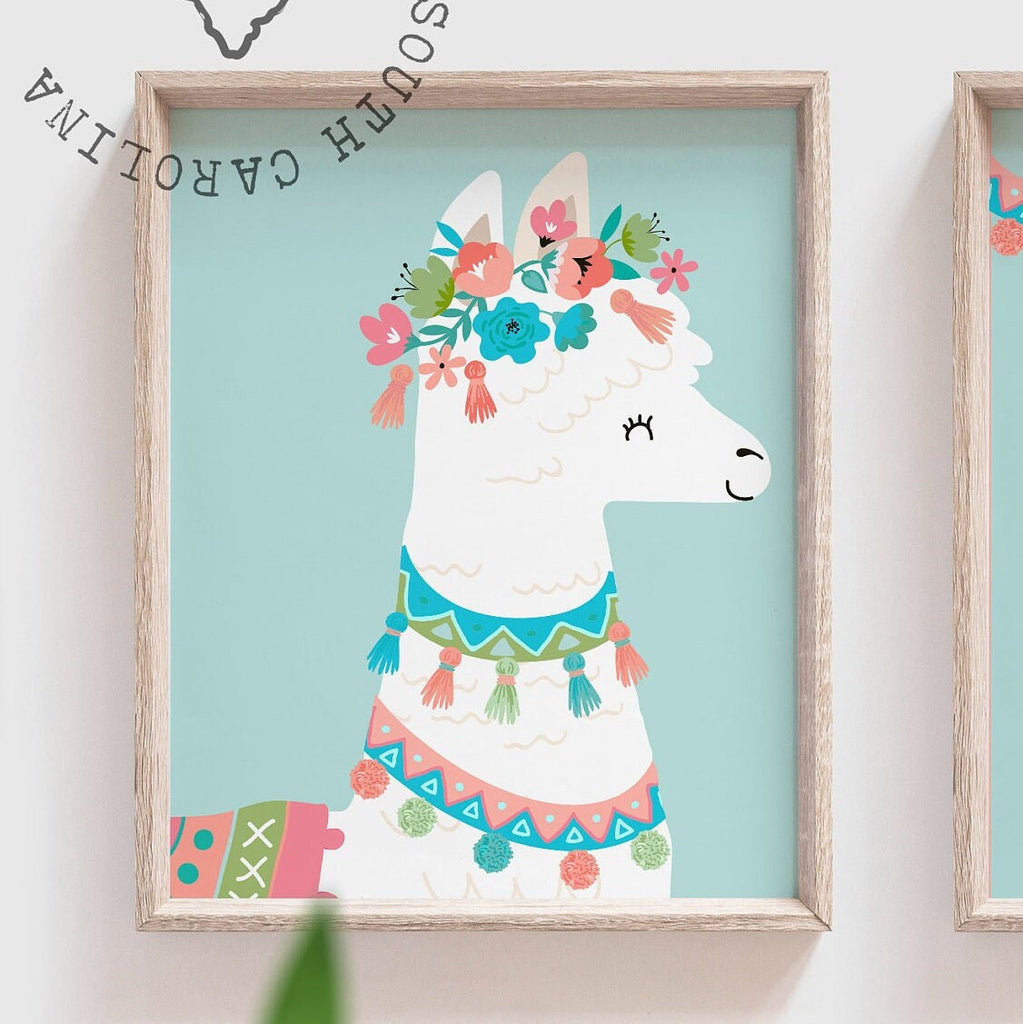Boho nursery prints, cactus llama nursery decor, wall art prints for girls room, personalized name coral aqua gift, llama alpaca decorations