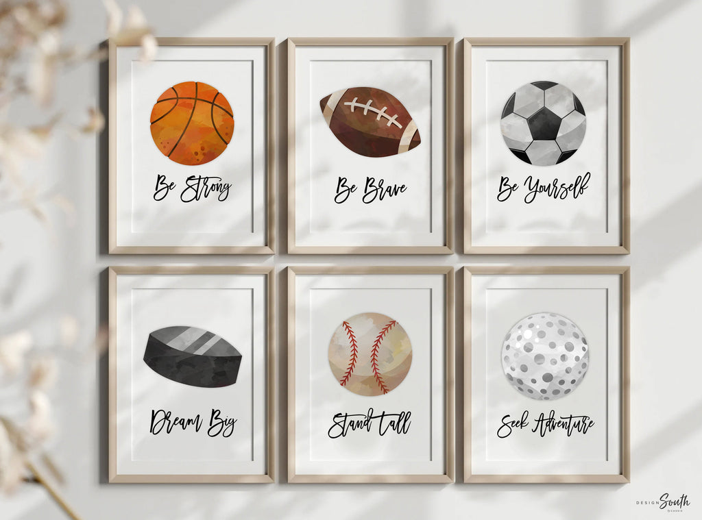 Inspire energy and confidence with this sports boys room wall art set, designed to motivate and decorate in style. Perfect for toddlers and kids, this modern collection includes inspirational messages paired with bold sports themes, ideal for bedrooms, playrooms, or shared spaces. Featuring various sports elements, this wall decor adds a dynamic and encouraging touch to any room. A great choice for modern sports-themed decorations for active and sports-loving boys.