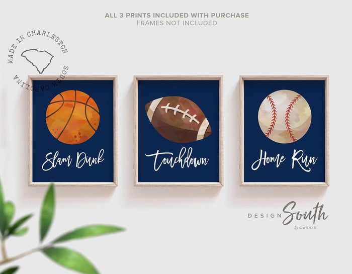 Sports room decor for boys, basketball football baseball prints boys room, nursery decor boys wall art navy blue sports balls, playroom idea