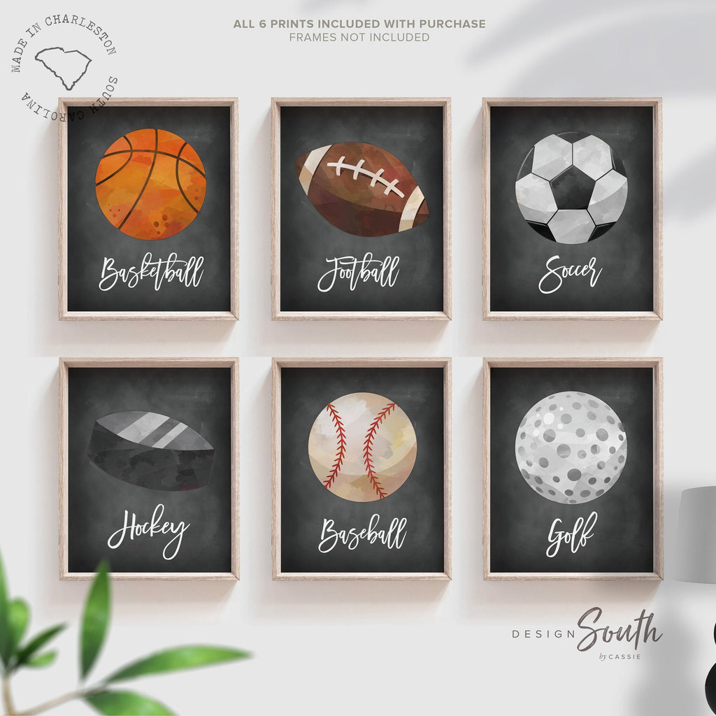 Sports wall prints for kid room, sports balls wall pictures, sports art collection set, basketball baseball soccer football wall art nursery