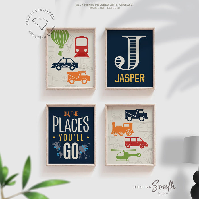 Transportation nursery decor, blue, red, orange, oh the places you'll go, personalized print, name, transportation prints, helicopter, train