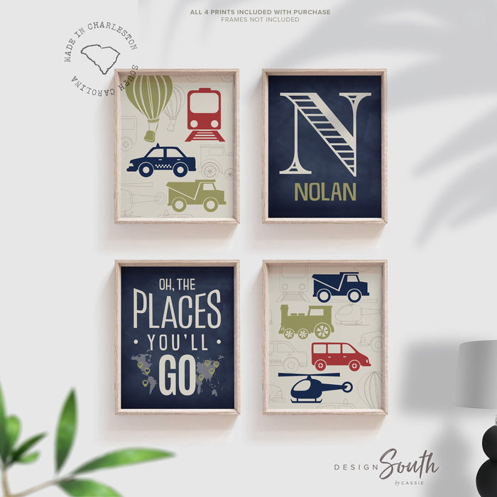 Transportation theme nursery, bedroom, or playroom, boys prints, boys decor, cars trucks train balloon, name print, oh the places you'll go