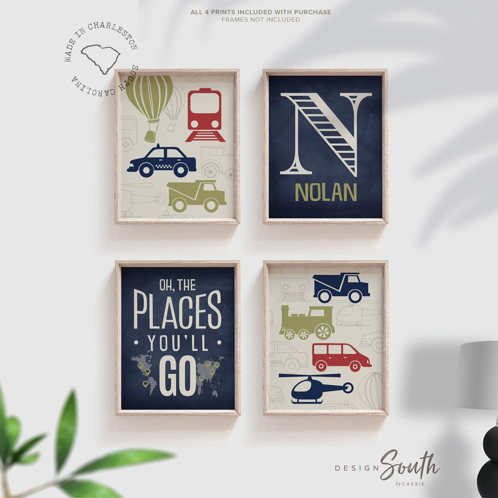 Transportation theme nursery, bedroom, or playroom, boys prints, boys decor, cars trucks train balloon, name print, oh the places youll go
