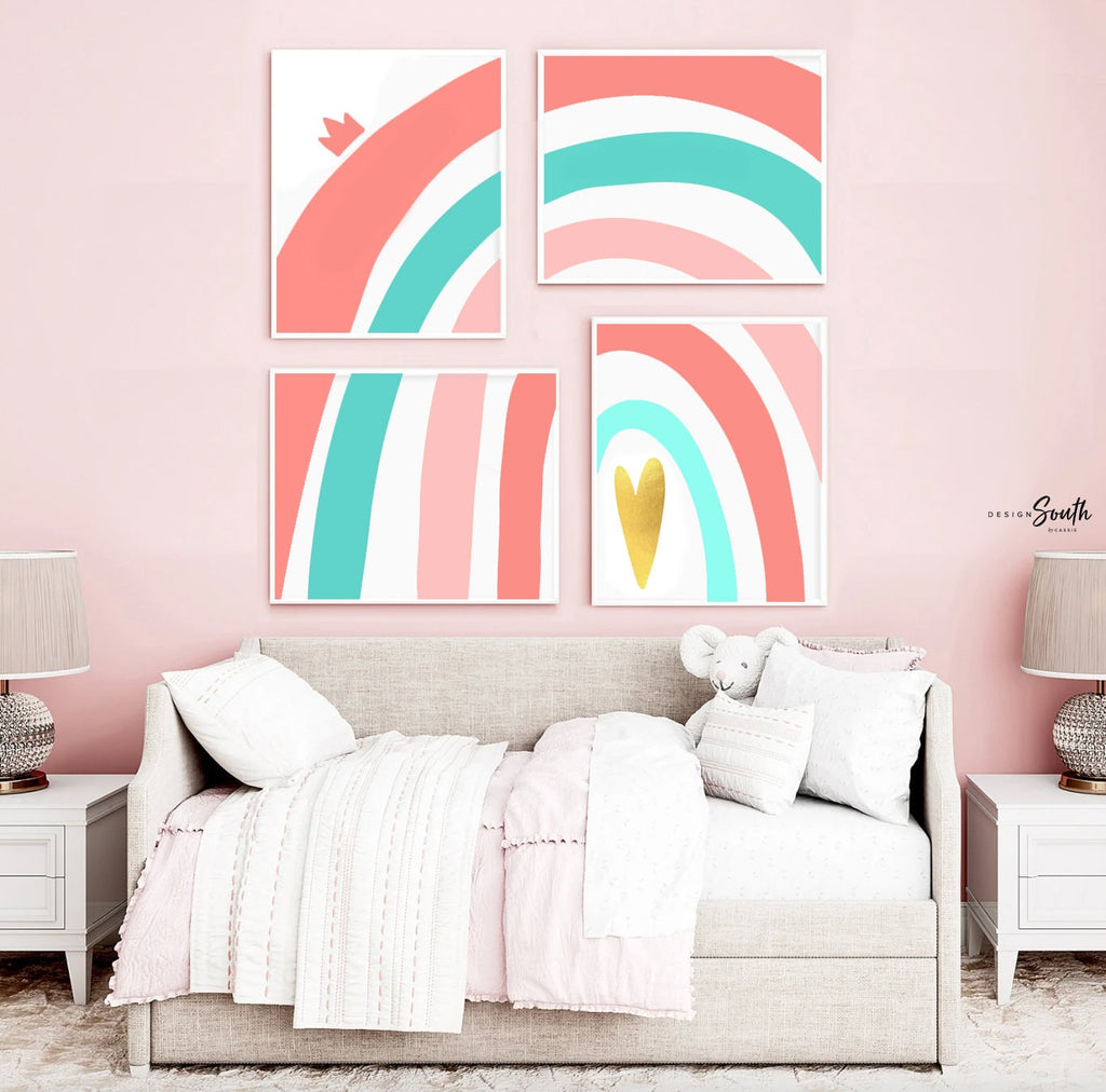 Coral teal aqua gold nursery, baby girl nursery decor coral teal, baby girl wall art theme coral teal aqua rainbow, personalized name gift