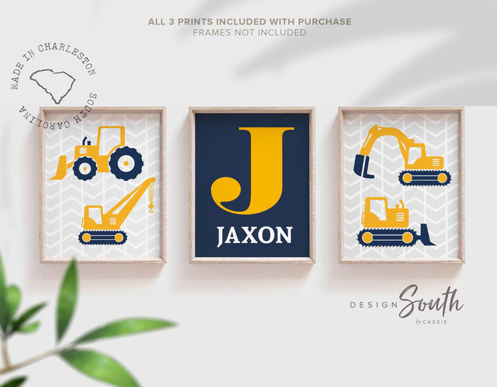 Gray construction nursery trucks, boy construction wall art, yellow gray dump truck theme decor, big boy construction room personalized name