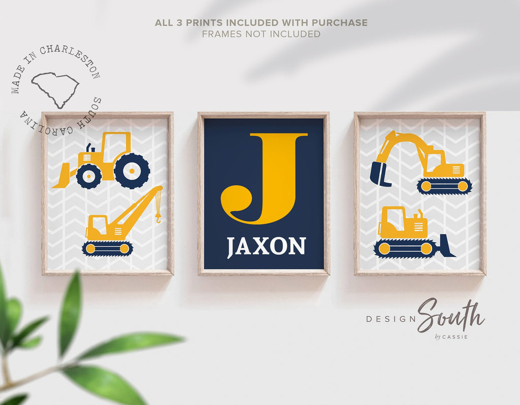 Blue construction nursery trucks, boy construction wall art, yellow blue dump truck theme decor, big boy construction room personalized name