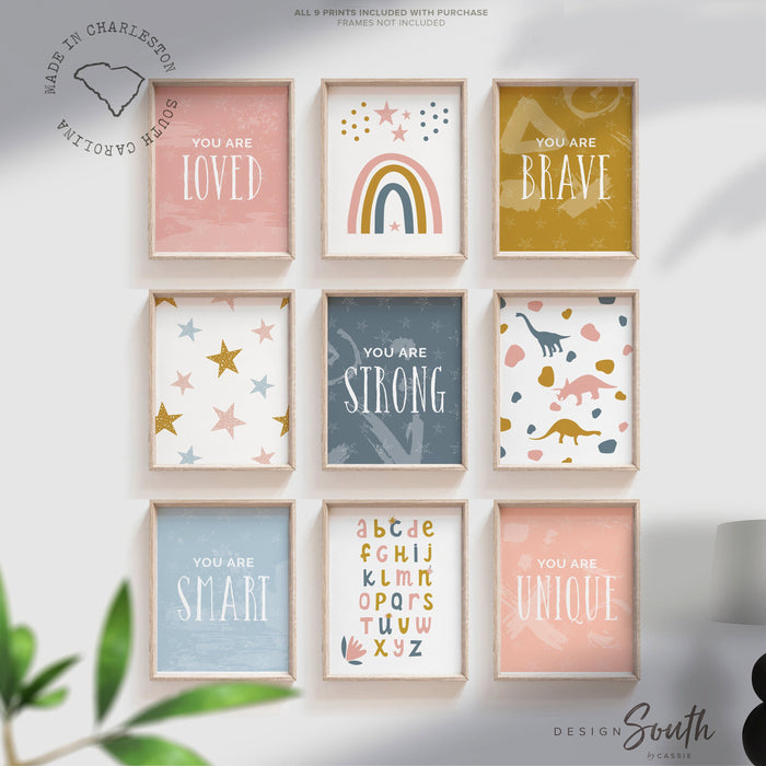 Girl dinosaur art, girl's playroom bedroom rainbows stars alphabet print set, inspirational posters prints for little girls, pink dinosaurs