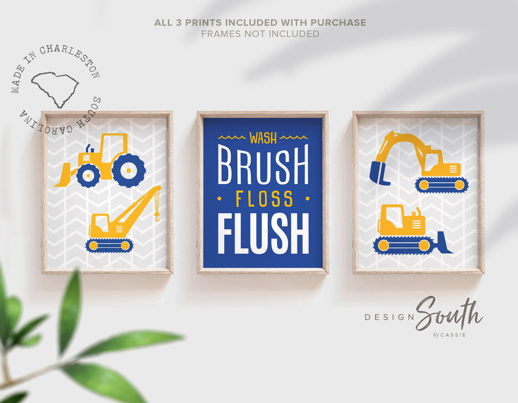 Construction theme bathroom decor, boys wall art construction, cobalt blue yellow boy bathroom decor, toddler kids decor construction truck