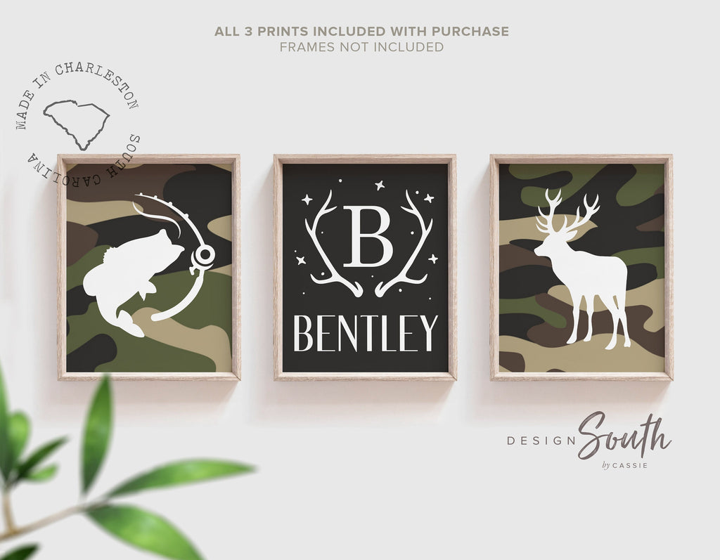 Deer nursery decor, boys bass fish nursery decor, deer arrows hunter theme, deer nursery eight point buck, camouflage kids room name sign