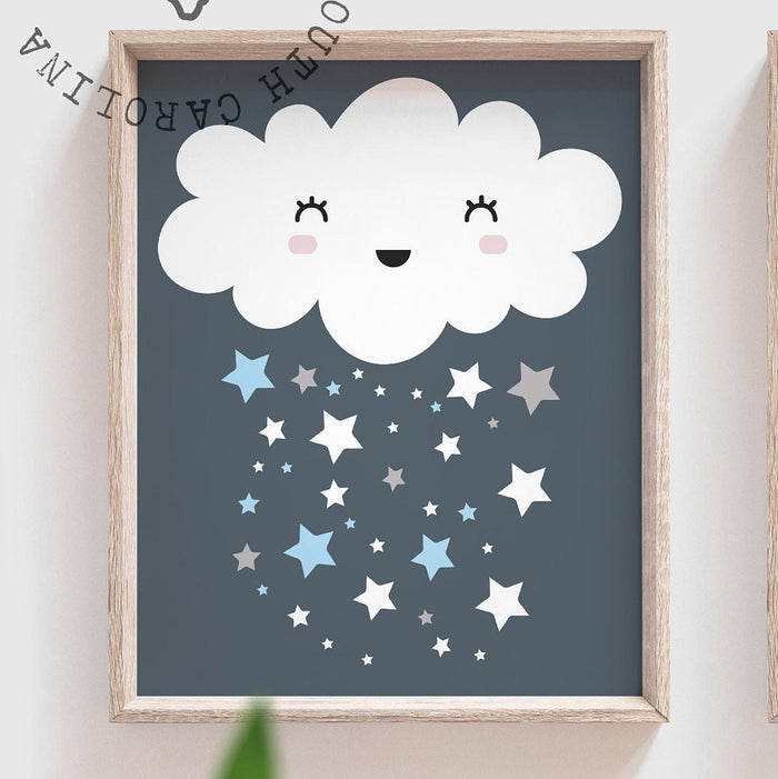 Moon and stars nursery decor, navy gray and baby blue, i love you to the moon, cloud nursery boy, cloud wall art, moon star cloud, baby boy