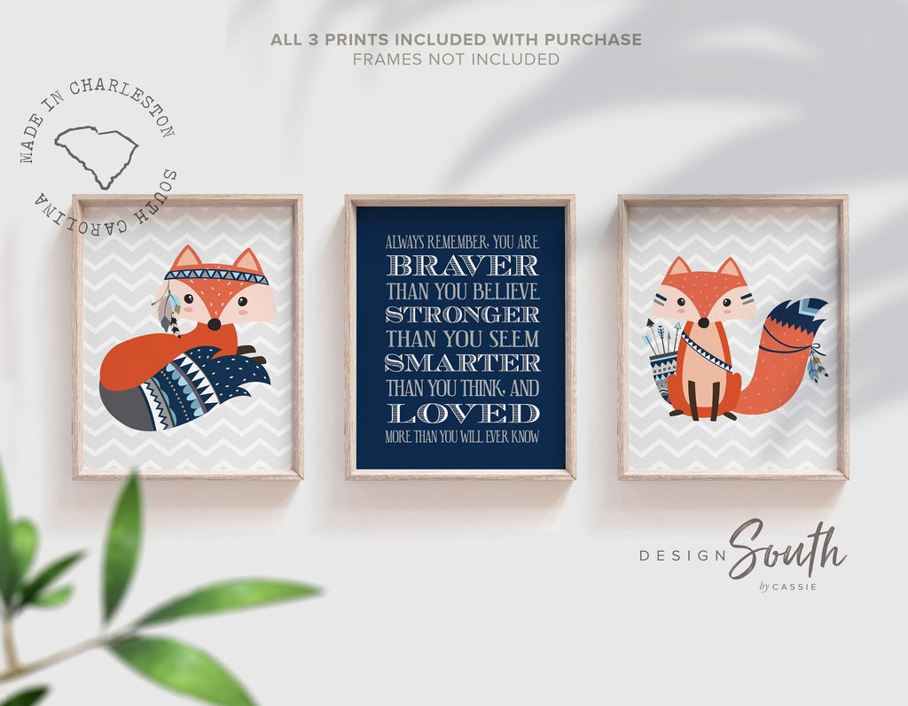 Fox nursery, you are braver stronger smarter and loved, woodland nursery, fox nursery wall art, forest nursery decor, baby boy nursery navy