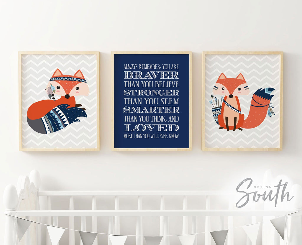 Fox nursery, you are braver stronger smarter and loved, woodland nursery, fox nursery wall art, forest nursery decor, baby boy nursery navy