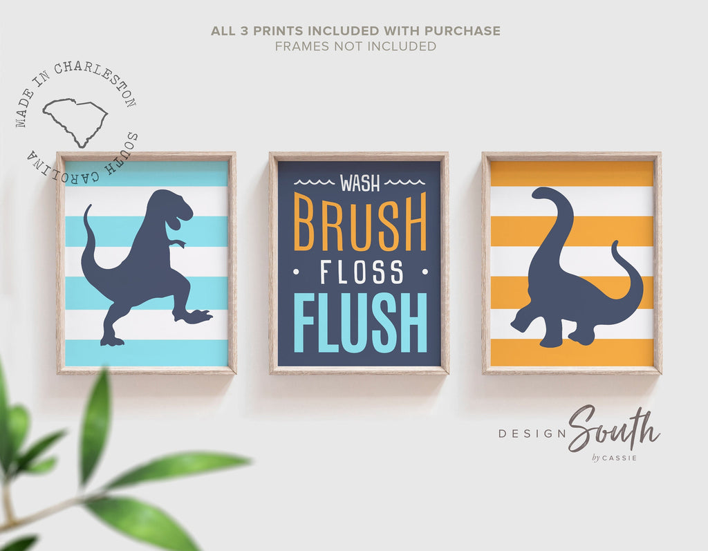 Dinosaur bathroom art, dinosaur bathroom decor, baby dinosaur art, boys dinosaur wall art, orange and blue dinosaurs, bathroom dinosaur art