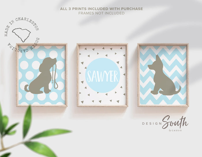Baby boy nursery decor gray and baby blue, puppy art for boys, baby blue and gray nursery decor, nursery ideas boy, baby shower gift for boy