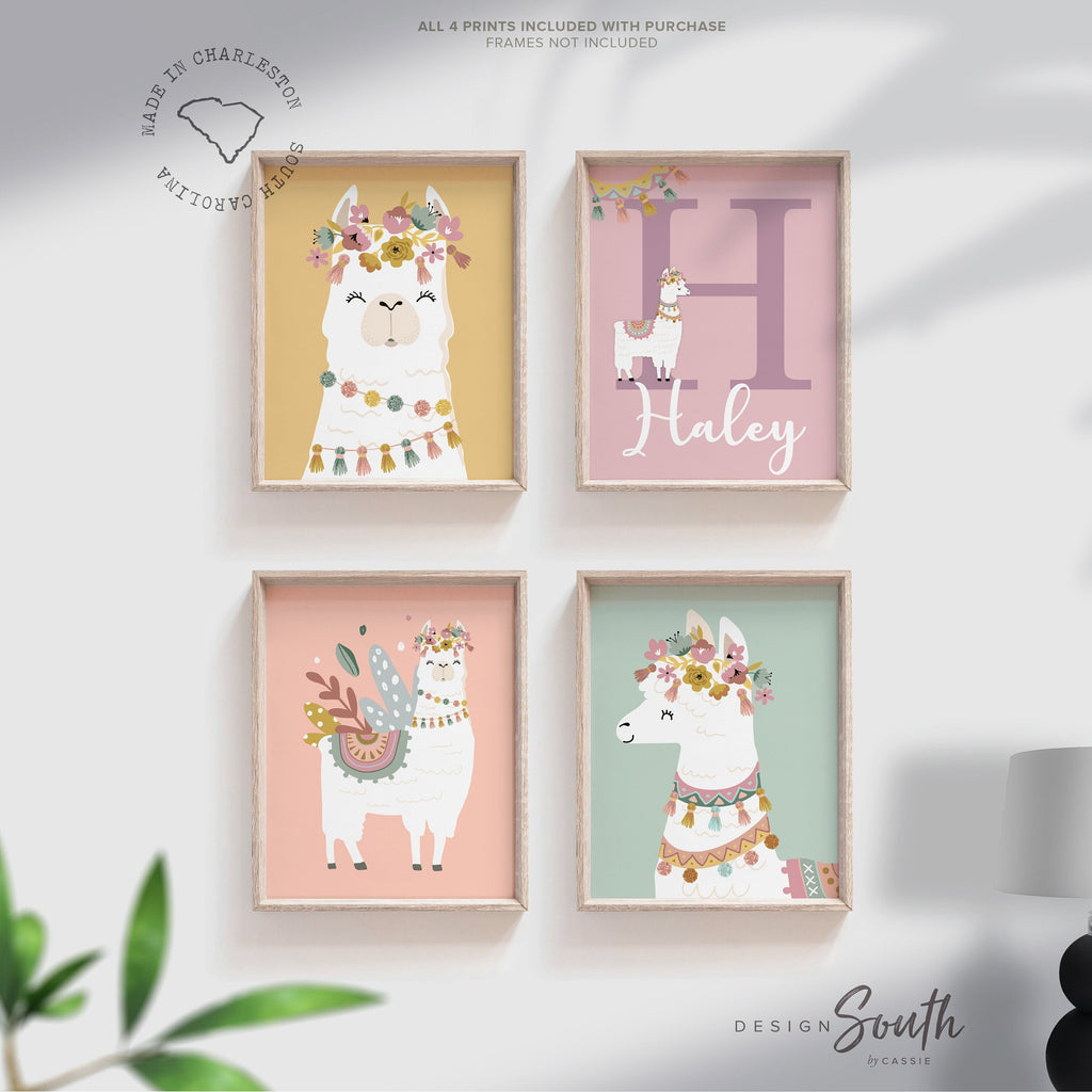 Llama wall decor for nursery, boho baby llama gift, pink green boho room art, prints girl bedroom, art for nursery print set girls llamas