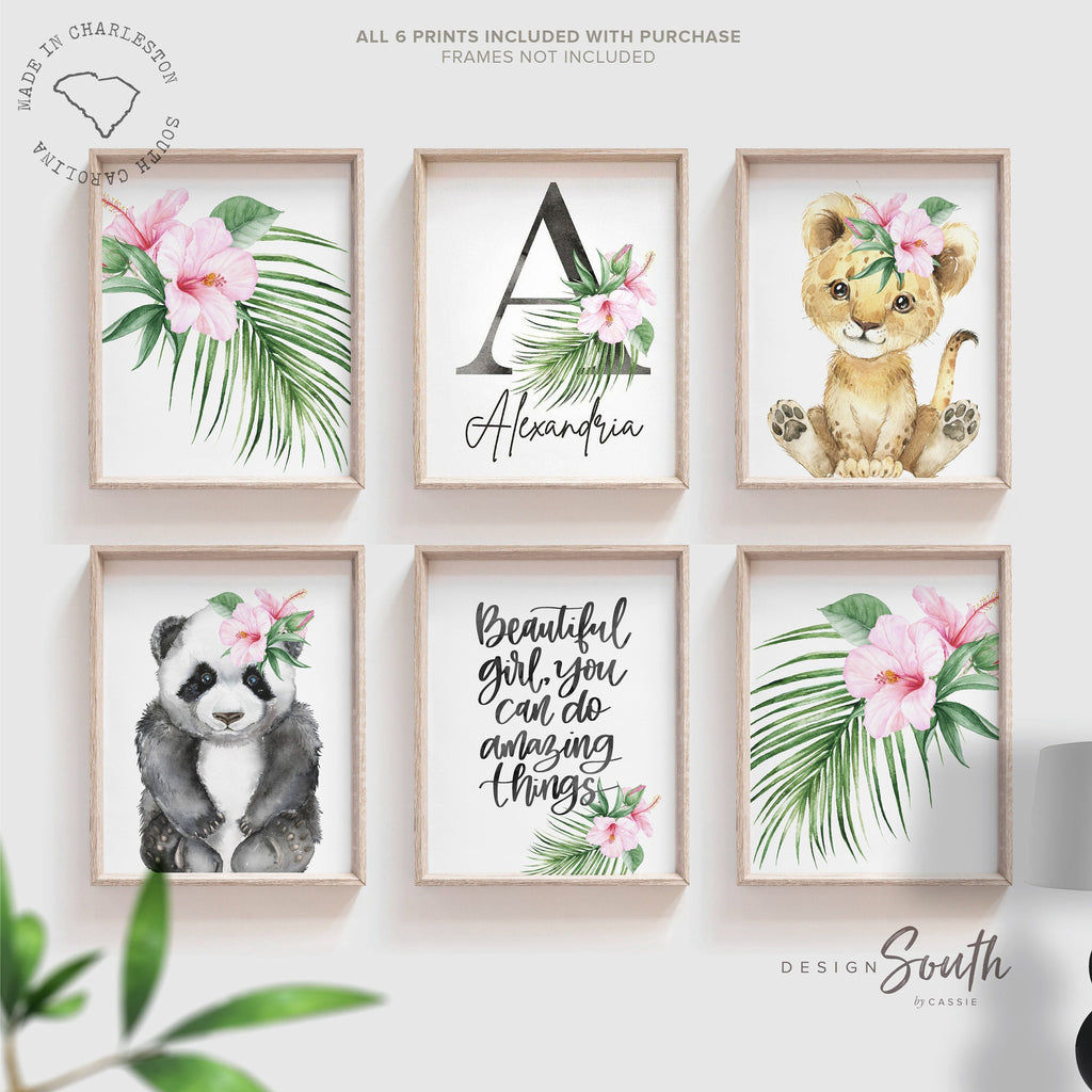 Animal nursery decor for girls, pink hawaiian flower animal prints, panda bear themed, pink tropical room art, wall art girl bedroom name