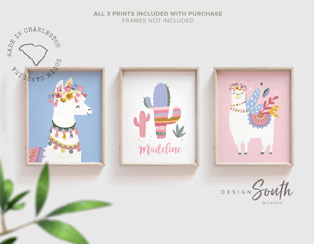 Llama wall decor for nursery, nursery llama prints, pink blue boho room art, prints for girl bedroom, art for nursery print set girls llamas