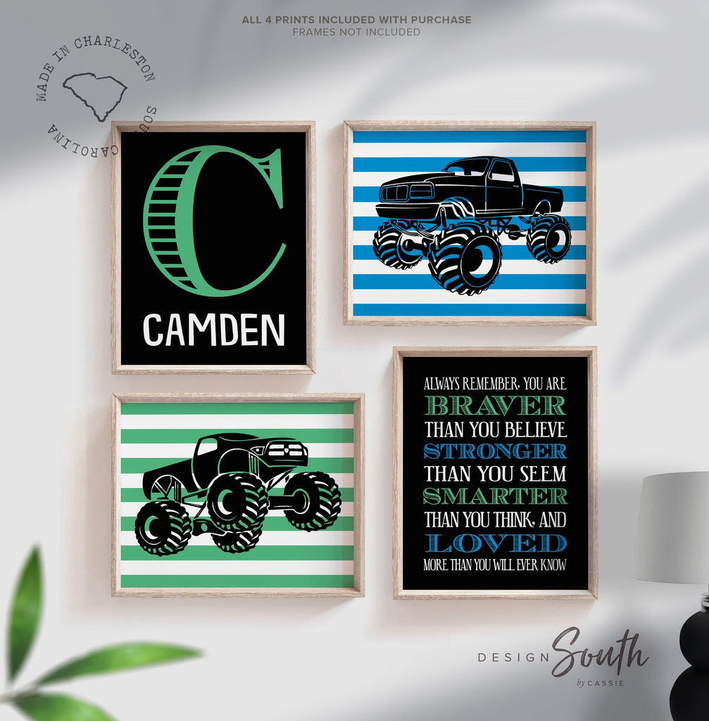 Monster truck wall personalized name for boys room decor, truck theme wall prints, boys monster truck with name, toddler truck bedroom decor