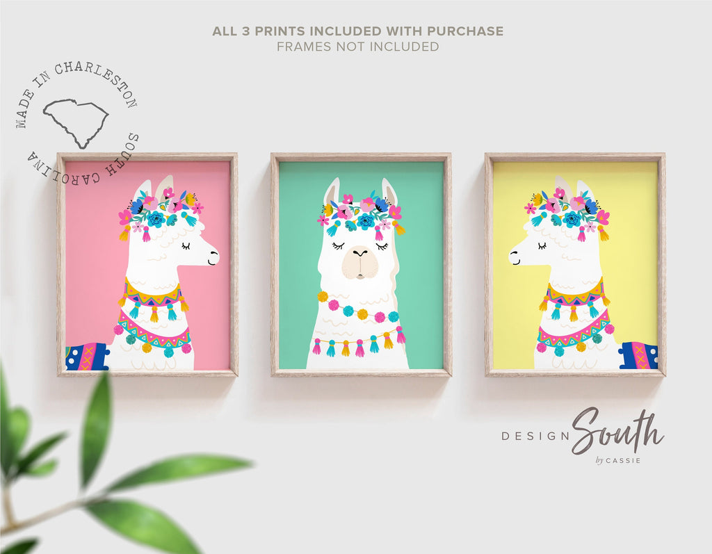 Floral crown llama nursery decor, pastel floral animal theme bedroom, pink mint yellow llama, tassel decor for girls bedroom, llama prints