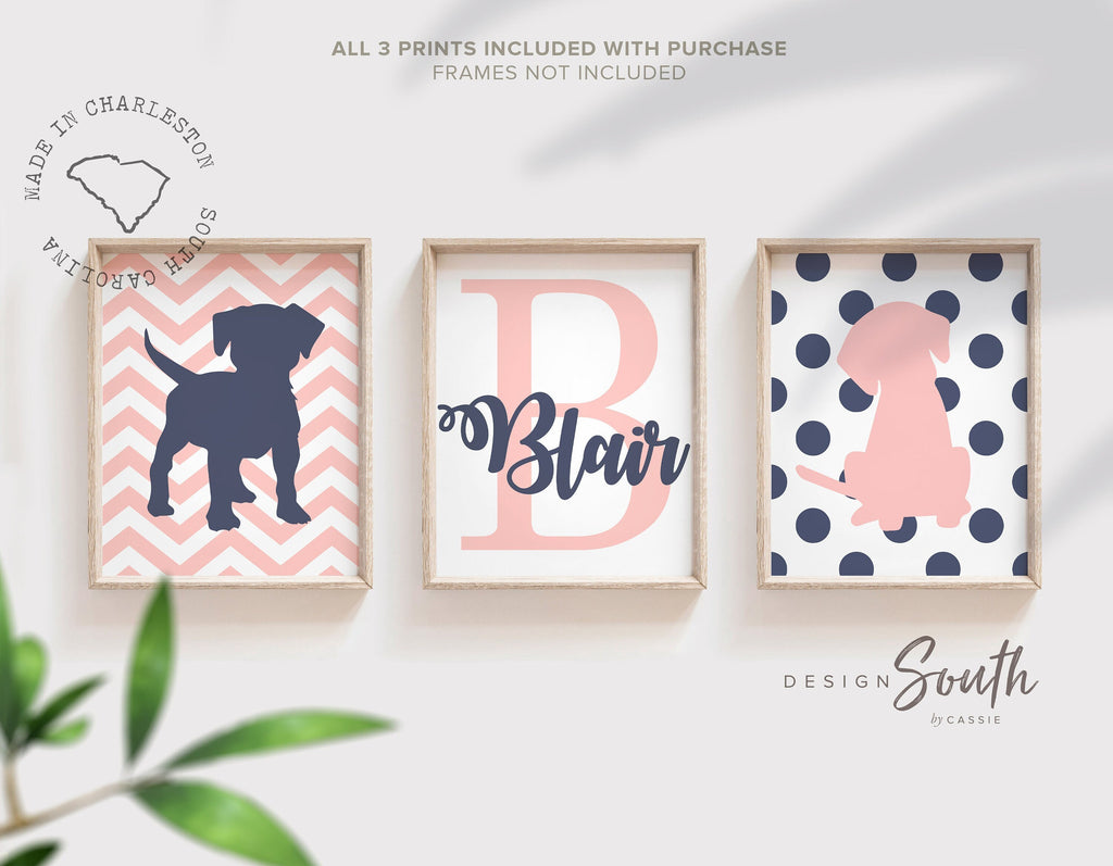 Baby girl puppy nursery wall art, navy blue and pink girls room, girls puppy dog nursery customized name, puppy gift for girl, puppy theme