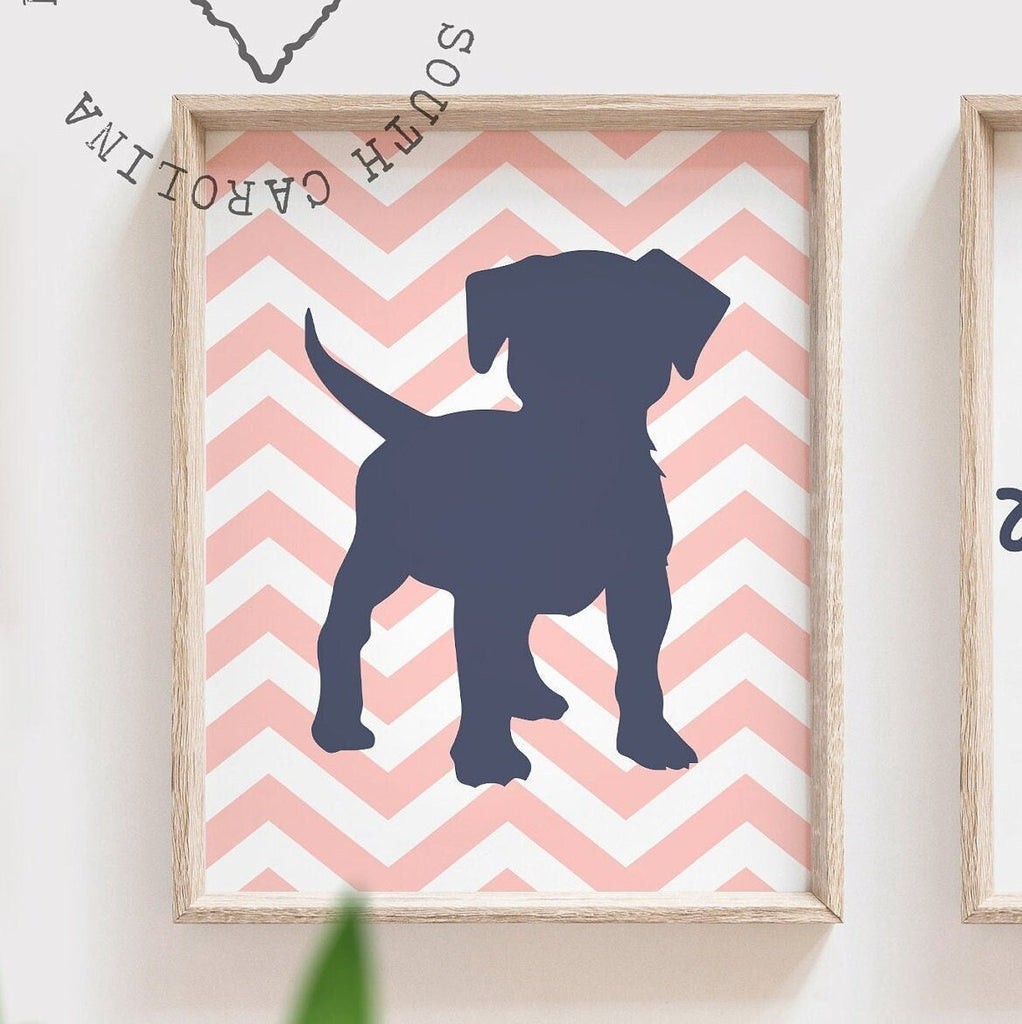 Baby girl puppy nursery wall art, navy blue and pink girls room, girls puppy dog nursery customized name, puppy gift for girl, puppy theme