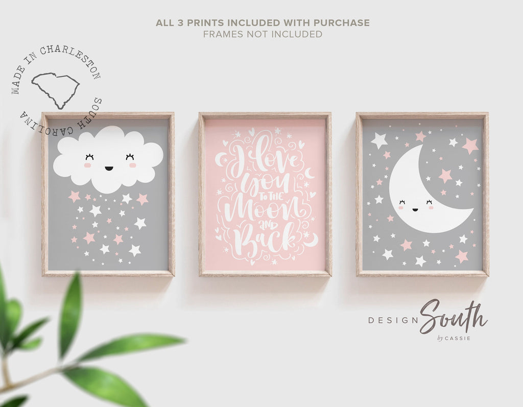 Pink gray nursery decor, star cloud moon girl room, love you to the moon nursery art, star nursery, baby nursery quote, pink gray baby decor