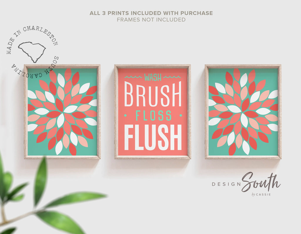 Bathroom wall decor, wash brush floss flush girls bathroom decor, coral bathroom for girl, dahlia bathroom, flower bathroom art baby girl