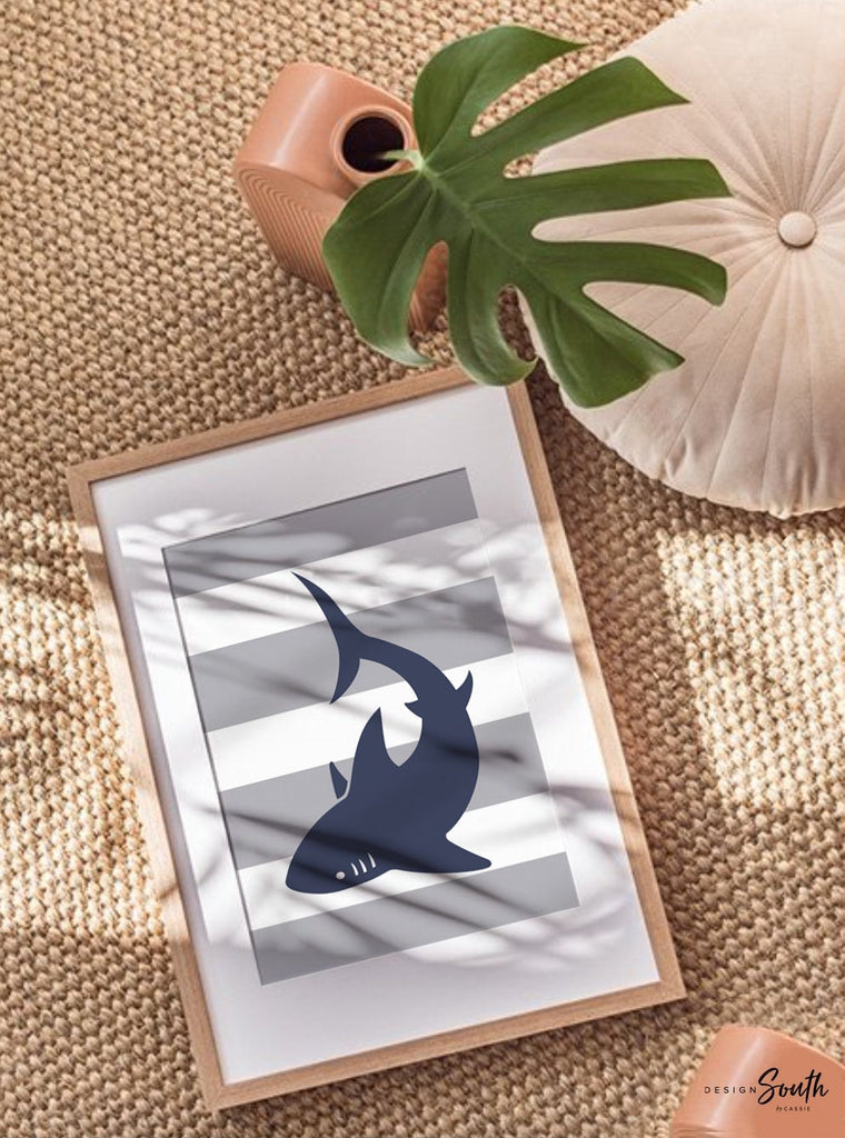 Navy blue gray shark decor, brothers shared room wall art, brother decor boys shark themed nursery, boys playroom bedroom shark wall decor