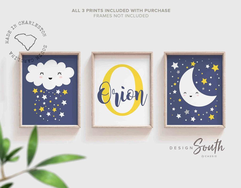 Boys navy blue and yellow nursery, yellow moon and stars, boys nursery moon star clouds theme art, boys name print, nursery monogram for boy