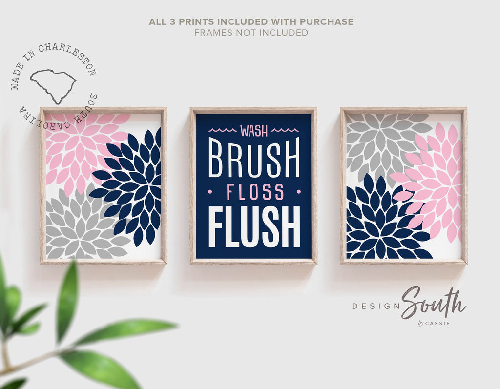 Girls pink and navy bathroom, wash brush flush, pink navy bathroom wall decor, girl bathroom decor, girls flower bathroom, modern baby decor