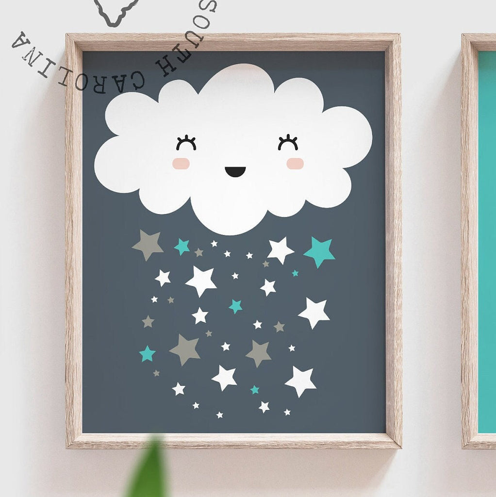 Moon and stars nursery decor, navy blue and turquoise, i love you to the moon, cloud nursery boy, cloud wall art, moon star cloud, baby boy