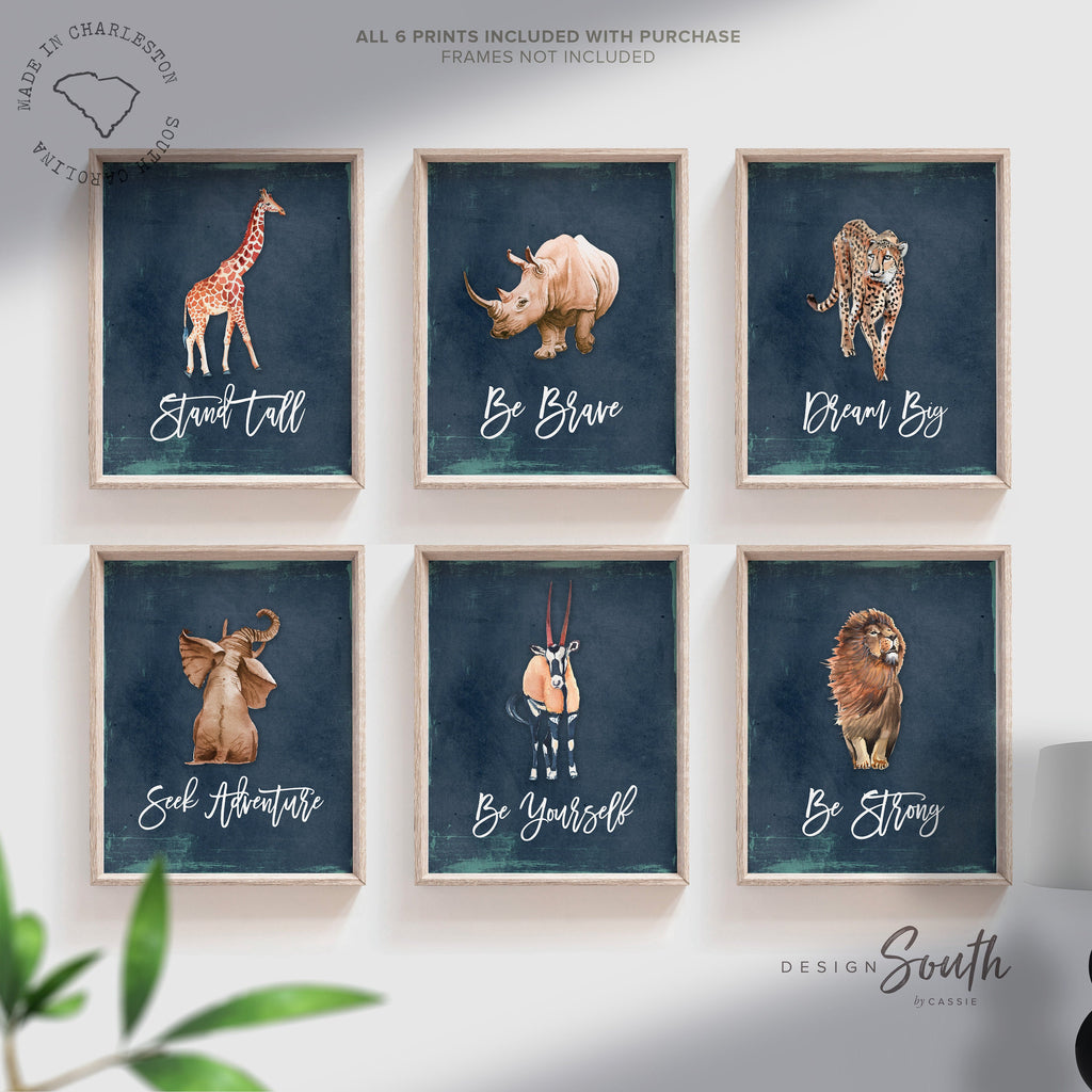 Navy blue nursery art for boy, navy blue playroom wall art, toddler boy room themes, boy jungle animal nursery art, nursery giraffe elephant