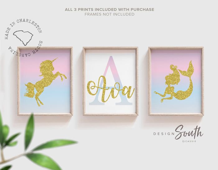 Girl's unicorn art pink gold glitter sparkle, unicorn mermaid theme wall decor, unicorn monogram girls name initial, wall art set pink gold