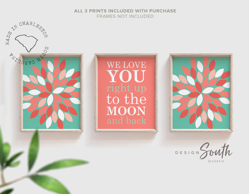 Coral baby girl nursery wall decor, coral baby gift, bedroom coral flowers, love you to the moon girl quote, little girl bedroom decor coral
