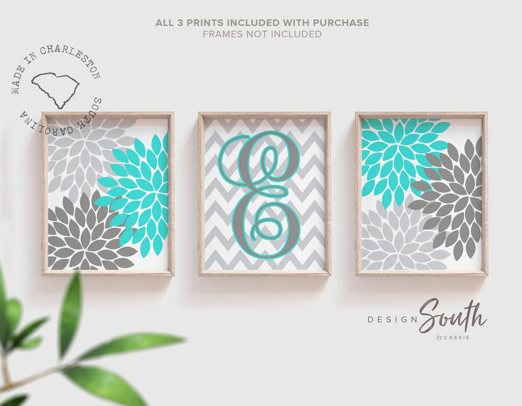 Baby girl nursery teal and gray, wall art for girls initial print, girls bedroom wall decor, teal flower wall art, flower burst baby prints