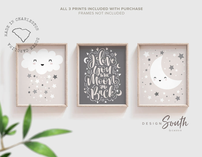 Moon and stars nursery, cloud nursery print, wall art for nursery, nursery decor neutral, gender neutral nursery, decor cloud stars nursery