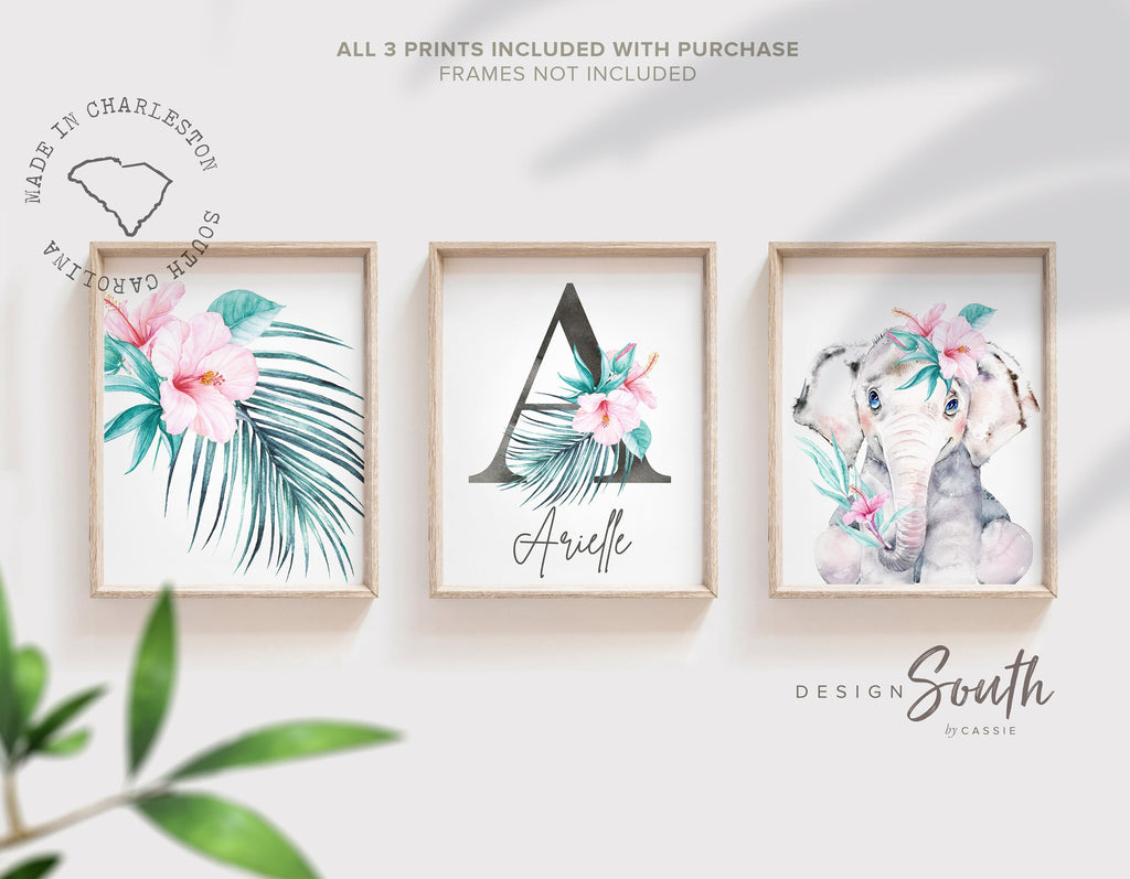 Baby girl pink elephant nursery art prints, floral tropical personalized gift girl, monogram gift baby girl, teal and pink tropical room art