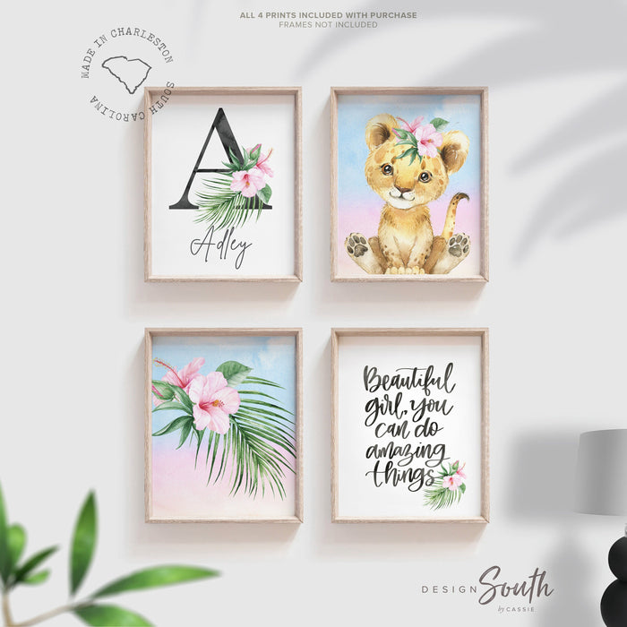 Girl nursery decor, pink safari animal nursery art, lion cub print, tropical baby room, animal kid gift, beautiful girl amazing things quote