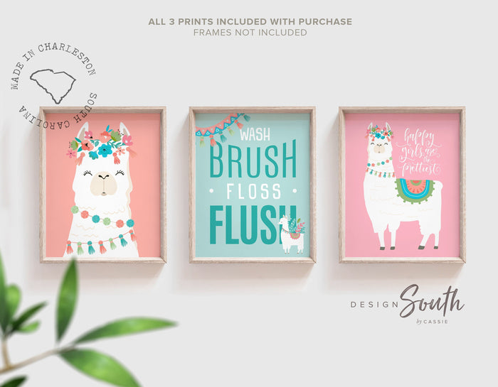 Girls llama bathroom decor, coral pink and teal girls bathroom decor, girls bathroom art print llama, pink and teal art, alpaca llama theme