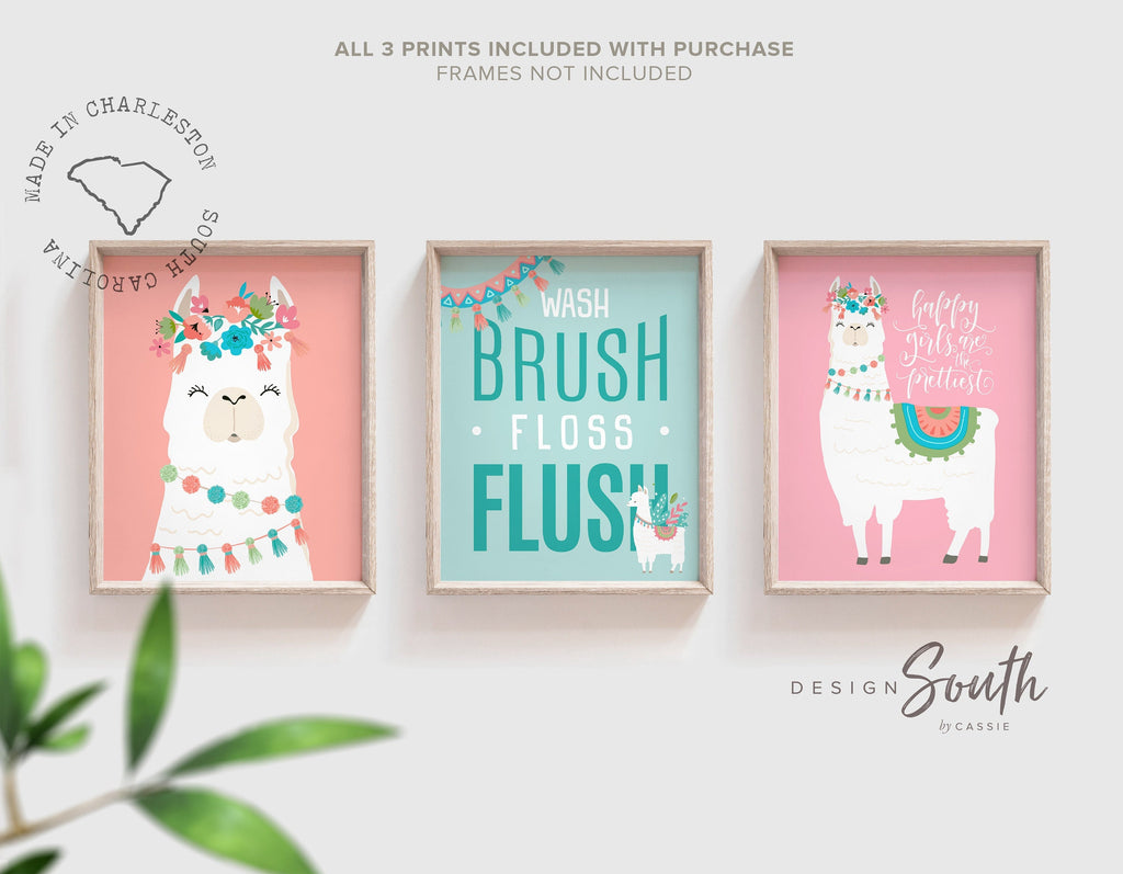 Girls llama bathroom decor, coral pink and teal girls bathroom decor, girls bathroom art print llama, pink and teal art, alpaca llama theme