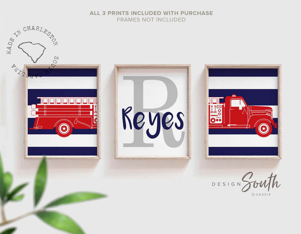 Fire truck boys bedroom theme decor, firefighter nursery art, navy blue and red firetruck art, boy firetruck decor, boy wall art firefighter