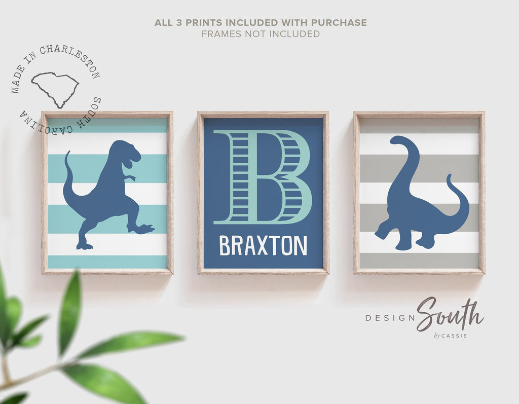 Blue gray dinosaur bedroom wall art, dinosaur decor for boy, gray dinosaur kid print set, baby boy dinosaur theme personalized nursery decor
