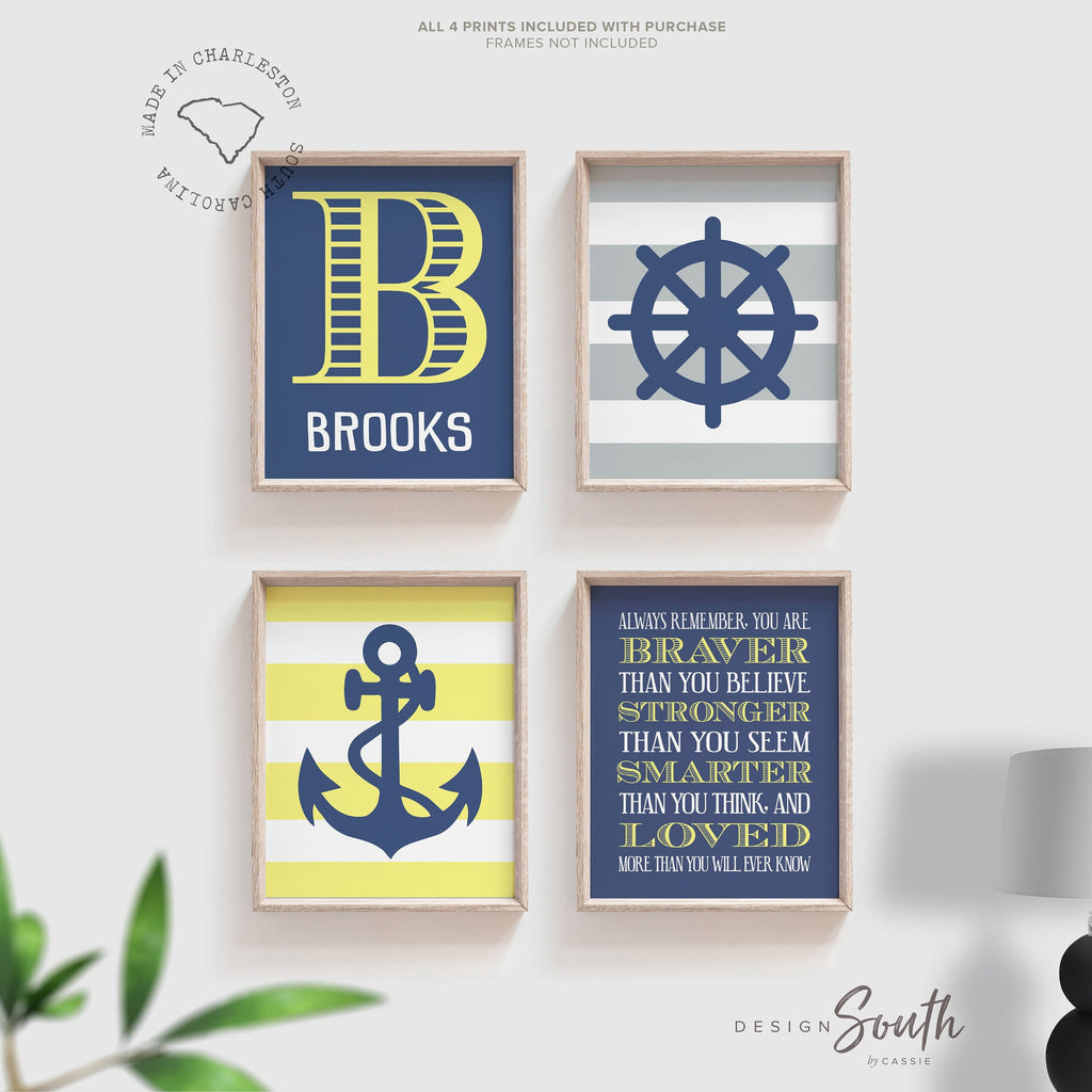 Nautical nursery wall art yellow gray and navy blue, baby boy nautical decor, boys anchor sailboat wheel, yellow gray nautical, yellow navy