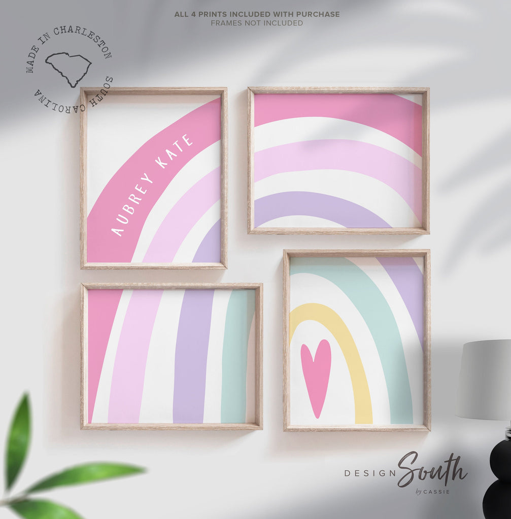 Pink pastel nursery, baby girl rainbow name art, girls pink purple aqua pastel wall art, girls nursery wall art rainbow themed decor custom